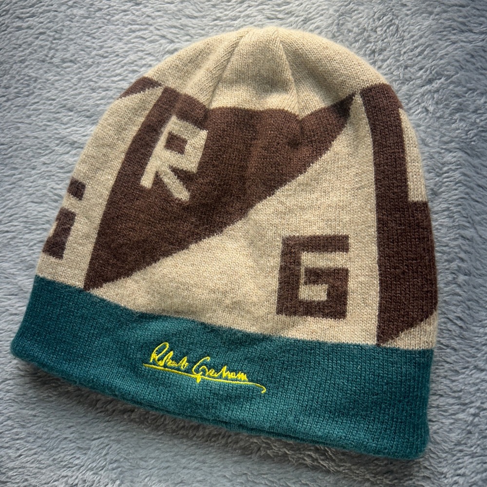 Robert Graham Mens Knit Beanie‎ Hat Tan Brown Teal Logo Embroidered Winter Cap